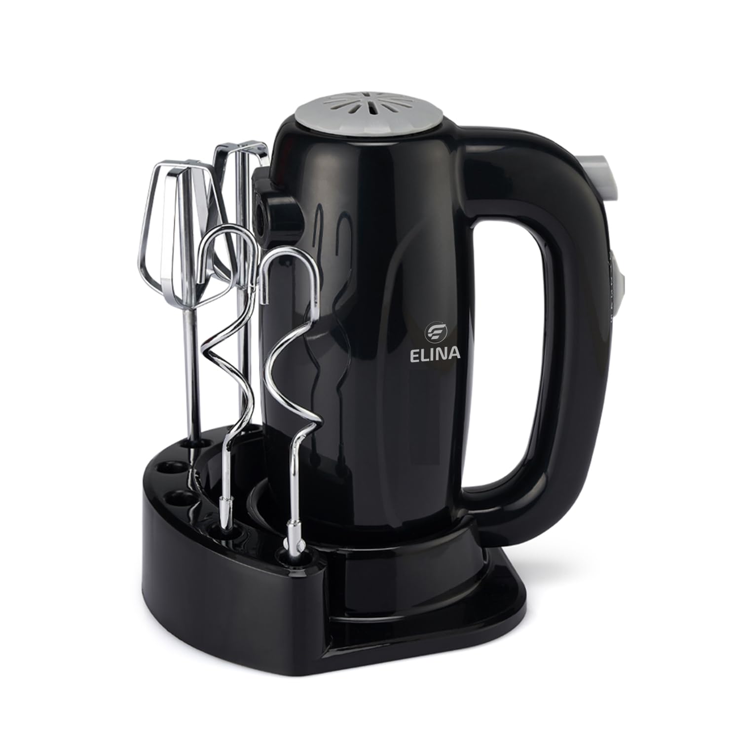 Elina 300-watt Hand Mixer with Stand | 5 Variable Speed Control | 2 Dough Steel Hooks, 2 Whiskers/Beaters | 1 Year Warranty | Black