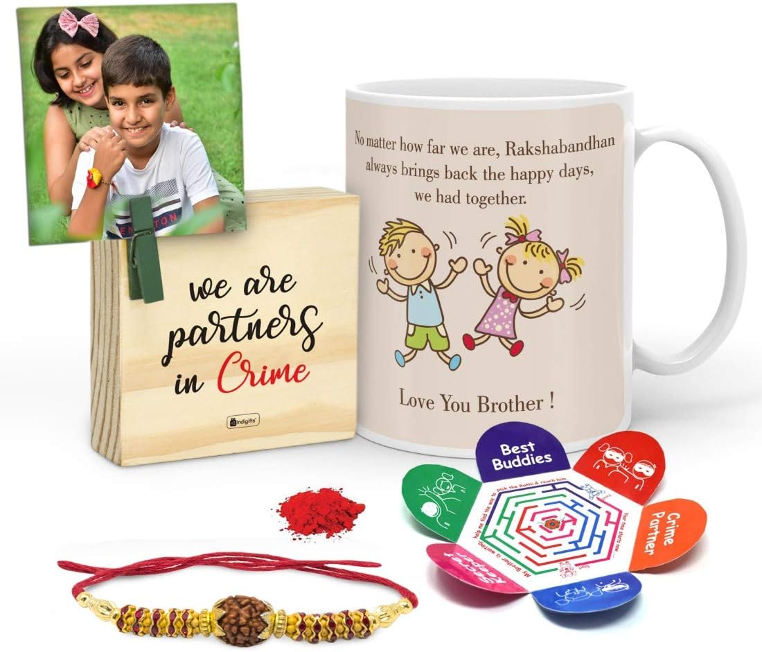 Indigifts Stainless Steel Mug, Photo Magnet, Rakhi, Roli - 1 Piece, Beige, 330 ml-Rakshabandhan Gifts for Brother, Rakhi Gift for Brother, Bhaidooj
