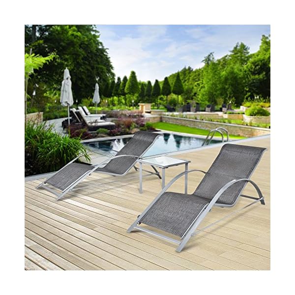 iKayaa 3PCS Patio Chaise Lounge Chair Set Furniture W/ Table Outdoor Sun Lounger Set Textilene + Iron Construction - Image 3