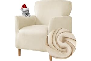 Highdi Stretch Sesselhusse - Elastische Samt Sofaüberzug für Clubsessel Mit Armlehne - Weicher Sesselschoner Sitzbezug Hussen (Beige)