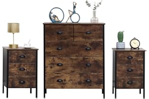 Kingwudo® Bedroom Furniture Sets 3 Pieces Chest of 2+3 Drawers and 3 Drawers Bedside Tables x2 Set Retro Industrial Style Bedroom Storage Cabinets