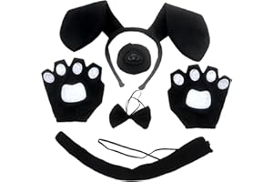 XNIVUIS 5 Pièces Ensemble de Costume de Chien Noir,Costum Chien,Comprenant un bandeau avec Des Oreilles, Une Queue de Chien et Des Gants avec un Noeud,Déguisement Animal pour Fêtes d'Halloween(Noir)