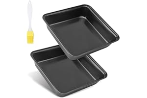 APOMOONS - Juego de 2 platos cuadrados de acero inoxidable con revestimiento antiadherente, ideal para pasteles, brownies, lasaña con cepillo de aceite amarillo, 22 x 22 x 5,5 cm, color negro