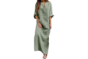 ZEIAYUAS Plus Size Linen Dress for Women UK Striped Shirts Dresses Boho Beach Maxi Dresses V Neck Roll Up Long Sleeve Tunic Dresses Baggy Casual Long Dresses Floaty Summer 3/4 Sleeve Dresses for Office Work