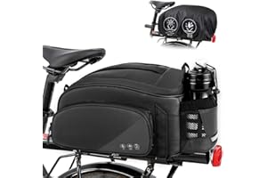 Eyein Bike Rear Rack Bag, 12L Waterproof Reflective Bicycle Trunk Bag, Cycling Rear Seat Carrier Backseat Storage Luggage with Water Bottle Holder, Shoulder Strap for MTB E-Bike
