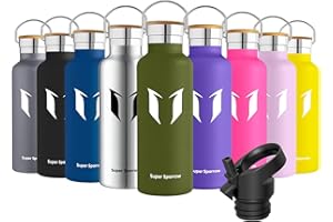 Super Sparrow Water Bottle Stainless Steel - 350ml/500ml/620ml/750ml/1L- Insulated Metal Water Bottles - Standard Mouth Flask - BPA Free - Straw Bottle for Work, Gym, Sports - 2 Lids