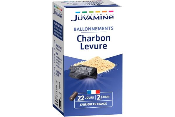 JUVAMINE - Digestion - Charbon Levure - Gaz Intestinaux - Contribue à Réduire l'excès de Flatulences - 44 Gélules - Programme de 22 Jours - Fabriqué en France