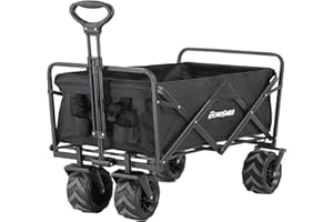 EchoSmile Chariot Pliable avec Poignée Réglable, Grandes Roues Pivotantes à 360°, Capacité de 160 KG, Chariot Tout-Terrain pour la Plage, Le Camping & Les Courses, Noir