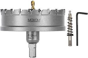 Mollom (105mm | 4-1/8") Scie cloche en carbure pour usage intensif avec 2 forets pilotes, coupe l'acier inoxydable, l'acier doux, le fer, le cuivre, le laiton et le plastique.