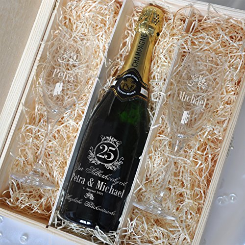 Privatglas Geschenkset zur Silbernen Hochzeit gravierter Champagner mit 2 Gläsern in Premium-Verpackung - 3