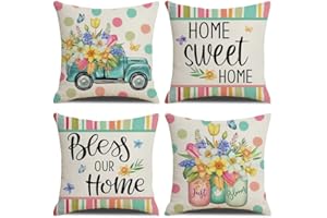KSSKEN Fundas Cojines 45x45cm, Juego de 4 Fundas de Cojines Algodón Lino Decorativa Hogar Almohadas Fundas para Sala Sofá Cama Decoración - Hogar Dulce Hogar