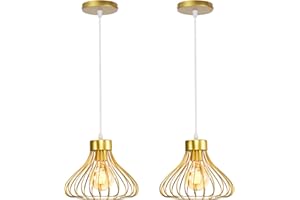 iDEGU Lot de 2 Suspension Luminaire Industrielle Lustre Plafonnier Abat-jour en Métal en Forme de Cage Vintage Lampe pour Cuisine Salle à Manger Salon Chambre Bar Couloir Restaurant (Cage A 23CM Doré)
