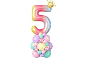 DOMGOGE 40 Inch Number 5 Balloon Rainbow Gradient Number 5 Foil Balloons Giant Digital Five Balloon Tower Stand with Crown Large Big Balloons Stack for Girls Women 5th Birthday Anniversary Party Decorations