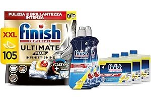Finish Kit Lavastoviglie, 105 Pastiglie Ultimate PLUS Infinity Shine al Limone contro lo Sporco e i Residui Incrostati, 2 Brillantante Lemon da 500ml, 3 Curalavastoviglie al Limone da 250ml