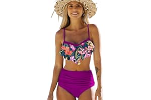 JFAN Costume da Bagno Donna Due Pezzi Bikini A Vita Alta Bottom Increspato Stampa Floreale Halter Ruffle Coordinati Blu L