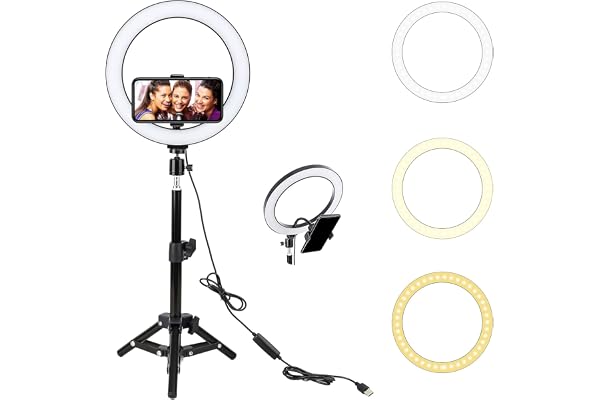 Ring Light, BONFOTO 10" Anneau Lumineux avec 45cm Trépied, Lumière Anneau Réglable avec 3 Modes d'Eclairage et 10 Niveaux de Luminosité pour Maquillage Self-Portrait Live Stream Youtube TikTok Vidéo