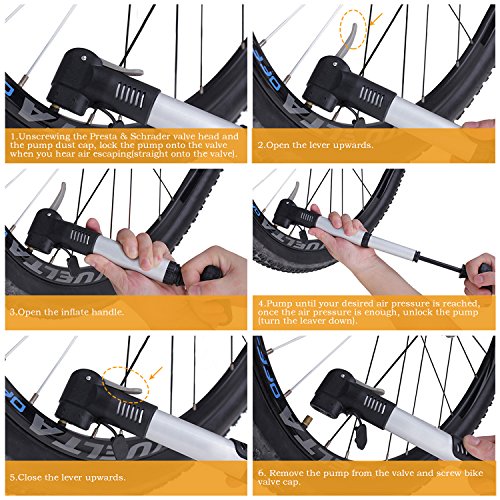 Mini Fahrrad Luftpumpe Anleitung bei DigHealth, 120PSI Teleskopische, Aus Aluminium,Für Presta und Schrader Luftventile, mit Glueless Puncture Repair Kit und Reifenheber, umrahmen Berg und Bälle Nadel - 4