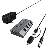 ICY BOX IB-Hub1405 4-fach USB 3.0 Hub und Ladegerät, An-/Ausschalter für jeden Port, Netzteil (5V/4A), Aluminium, Ladestandar