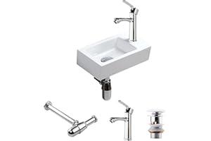 CROSS ZEBRA Lavabo de cerámica montado en la pared Rectángulo Tamaño pequeño con grifo Sifón Blanco Recipiente de diseño moderno simple y elegante Fácil de instalar y limpiar para baño (Mano derecha)