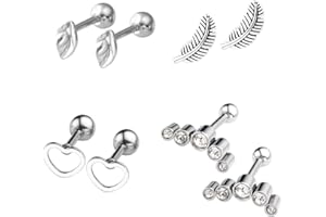 ZYSTA 4 Pairs Stainless Steel Heart Leaves Feather 16G Cuff Ear Helix Cartilage Lovely Earrings Mens Womens Body Piercing Jewelry