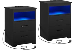 KIMENICH Set di 2 comodini con illuminazione a LED, comodino con stazione di ricarica, porte USB, 2 cassetti, per camera da letto, soggiorno, nero con venature del legno