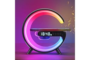SUNJULY Led Wireless Charger Lamp, G Shaped Lamp Phone Charger Bluetooth Speaker with 10 Lighting Modes and 5w Wireless Fast Charging, Dimmable Bedside Lamps And Alarm Clock, Gifts for Boys Girls(Black)