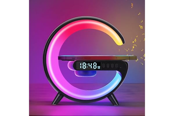 Lampe de Chevet Avec Chargeur Sans Fil, 2025 Nouvelle Lampe de Table LED Intelligente, Lampe D'ambiance Avec Haut-Parleur Bluetooth, Mini Veilleuse, Alarme Avec Musique, Contrôle Des Boutons Cadeau