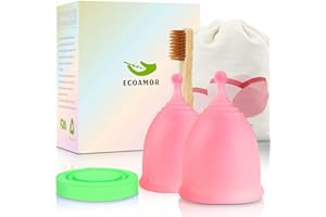 AM AMAOBA Copa Menstrual ECOLÓGICA - Copa Menstrual Reutilizable - Kit completo de 2 copa menstrual Sostenible 100%, talla S y L+ esterilizador de copa menstrual + su cepillo ECOLÓGICO de Bambú para su limpieza