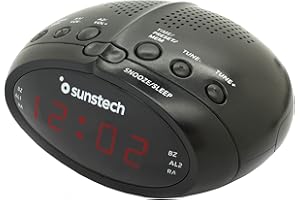 Sunstech FRD17 Radiodespertador con Pantalla LED, Radio FM, 20 presintonías y Alarma Dual. Color Negro.