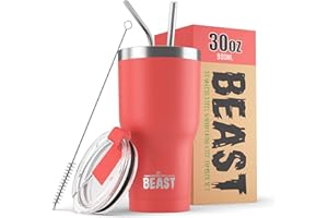 GREENS STEEL BEAST Termo Café para Llevar - 900ml I Coral I Taza Térmica de Acero Inoxidable Reusable I Taza Viajera de Doble Pared al Vacío I 2 Pajitas y Cepillo de Limpieza I para Café Frío o Caliente