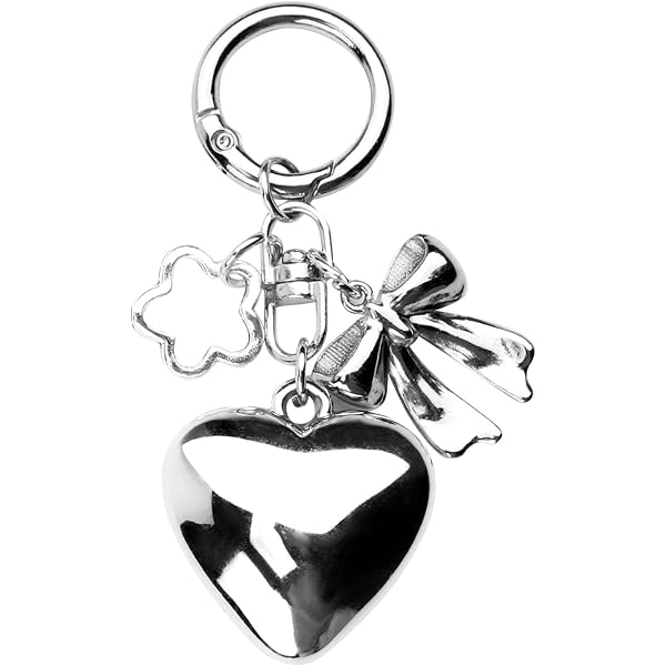 Mabor Portachiavi Con Fiocco A Cuore E Perle – Y2K, Argento E Bianco, 9,6x11,2 Cm, Accessorio Per Borsa E Chiavi, Regalo Donna