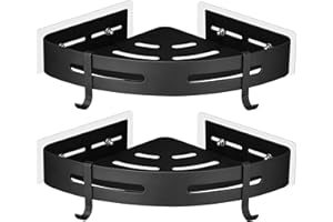 GRICOL Estante de Ducha Sin Taladrar en Metal con 2 Ganchos Estanteria Rinconera Cestas Antióxido Esquina Estantería Baño con Pegatinas para Baño 2 Piezas (Negro)