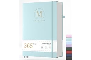 Umriox Thick A4 Lined Notebook,Hardback Journal Notebook 365 Pages 100gsm No Bleed Paper,Large Leather Notepad with Inner Pocket,Pen Loop,and 3 Ribbon-Celeste