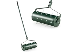 GOPLUS Rasenbelüfter, Handvertikutierer mit Stiel & 3,4cm Nägeln, rollender Aerifizierer, manueller Vertikutierer, Bodenbelüfter für Garten, Hof, Terrasse (45 x 130 cm,Grün)
