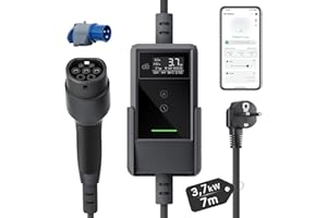 dé Wallbox con APP 3,7kW [7m | 6-16A] Colonnina Ricarica Auto Elettrica con Supporto, Cavo Ricarica Auto Elettrica Tipo 2 Schuko Compatibile con Model Y/3, e208 e Altri EV/PHEV