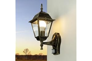 LICHT-ERLEBNISSE TIROL dekoracyjna lampa zewnętrzna z czujnikiem ruchu na ścianę w kolorze złotym antycznym E27 lampa na taras