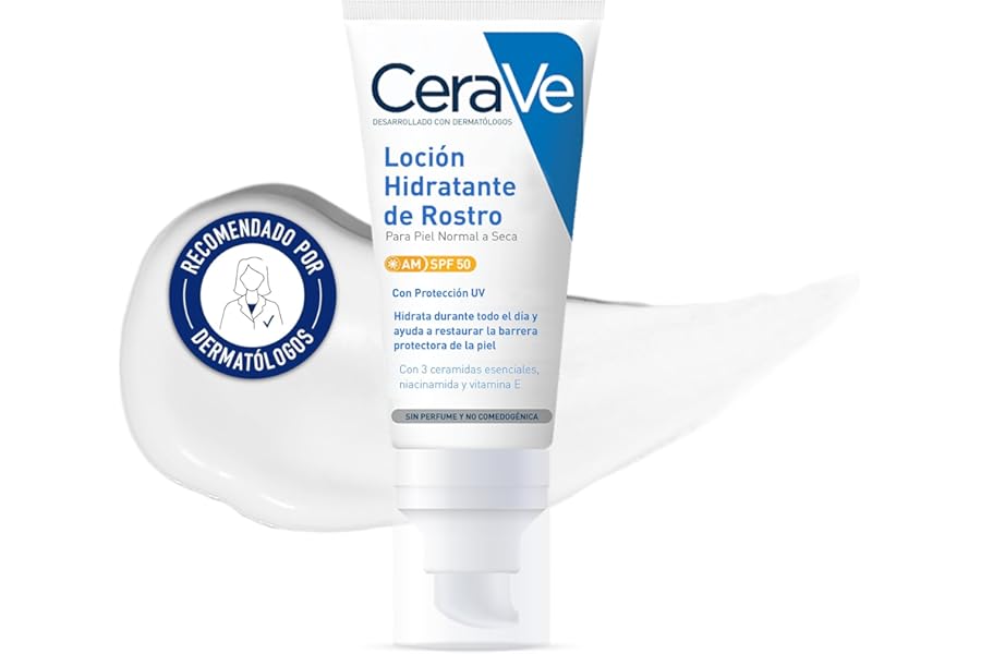 CeraVe, Loción Hidratante de Rostro SPF 50, Para Piel Normal a Seca, Hidratación y Alta Protección Contra los Rayos UVB/UVA, 