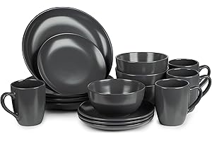 DAWSONS LIVING Dinnerware Set - Ceramic Amalfi Kitchen Dinner Sets (Charcoal, 16 Piece Dinner Set)