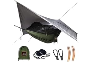 AnorTrek Camping Hammock avec Moustiquaire et Bâche Imperméable, Double Hamac Portable avec Deux Sangles d'arbre, Nylon 230T et Ensemble de Bâche Imperméable pour Randonnée, Sac à Dos