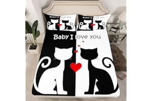 MANFEI Cute Cats Fitted Sheet Single Size, Black and White Cartoon Cat Bedding Set 2pcs for Kids Boys Girls Room Decor, Love Theme Bed Cover with 1 Pillowcase, Soft Polyester Bedding