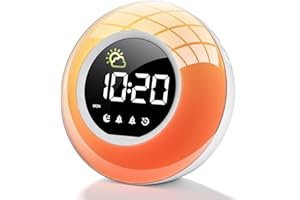 HERMIC Reveil, Réveil Enfant Lumineux avec Veilleuse LED RGB, Reveil Matin Secteur Con Machine à Sons& Minuteur, Double Alarme, 12/24H, Luminosité et Son Réglable(Adaptateur Inclus)