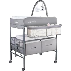 Table à Langer Bébé Pliable Morlinca - Hauteur Réglable 5 Niveaux (88-94 Cm), Avec Panier Rangement, Roulettes - Gris - 11