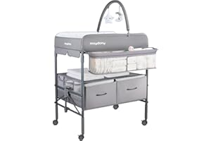 Maydolly Tragbarer Wickeltisch für Babys, Multifunktionaler Faltbarer Wickeltisch, Höhenverstellbar mit Rädern und 2 Aufbewahrungskörben, Wasserdichtes Sitzkissen zum Wickeln, Grau