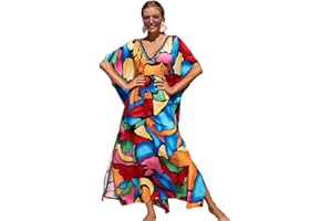 XIVISTO Femmes Boho Kaftan Grande Taille Robe de Plage Maxi Longue Bikini Cover up Été Maillots de Bain Florale Pareos