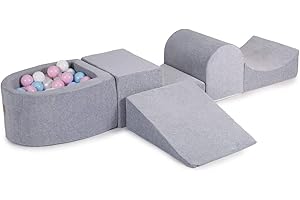 MEOWBABY 200x45cm/100 Balles Aire De Jeux avec Piscine À Balles L'ensemble De Jeu en Mousse 5 Éléments Module en Mousse Fabriqué en UE Tapis De Jeu Gris Clair:Perle Blanche/Blanc/Bleu Bébé/Rose Pastel
