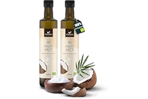 FOODIN Huile MCT BIO 1000 ml à base d'huile de noix de coco, triglycérides à chaîne moyenne (MCT), fabriquée à partir de noix de coco produite, 100% sans gluten et végétalienne, 2 x 500 ml, idéale