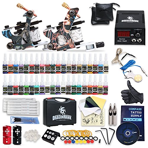 Professional Great Tattoo Kit 2 Machine Gun TOP CE Power Supply Needles Grip Tip Ink with case EUYMX40-1C