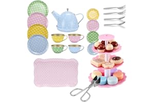 FUQUN 36 Pcs Teeservice Kinder Metall Tee Set Kinder Teeservice mit Dessert Spielzeug Tee Party Rollenspiele Spielgeschirr für Kinder, Teeservice Set für Junge Mädchen aus Blech Tee Set Kinder