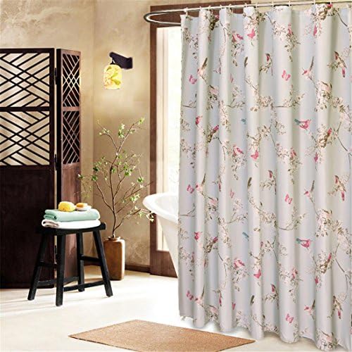Zhomesupplies 100% Polyester Blue Shower Curtain Red Birds Butterfly White Flower Pattern Opaque Waterproof Fabric For Hotal Home Bathroom Washroom Decoration With Enough Rings Hooks, 240*200cm