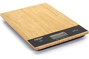 COOK CONCEPT, KU6613, prostokątna bambusowa waga kuchenna 5kg, dokładność w gramach, elegancki wygląd, funkcja tarowania, kompaktowa i ekologiczna, wymiary 18x20x15 cm, brązowo-czarna